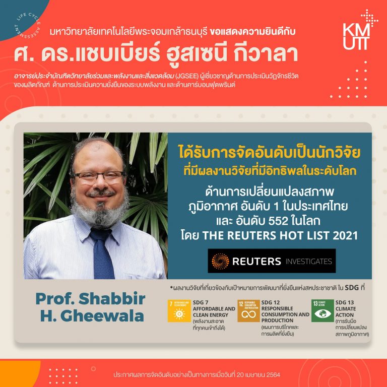 มหาวิทยาลัยเทคโนโลยีพระจอมเกล้าธนบุรีขอแสดงความยินดีกับ ศ. ดร.แชบเบียร์ ฮูสเซนี กีวาลา อาจารย์ประจำบัณฑิตวิทยาลัยร่วมและพลังงานและสิ่งแวดล้อม (JGSEE)