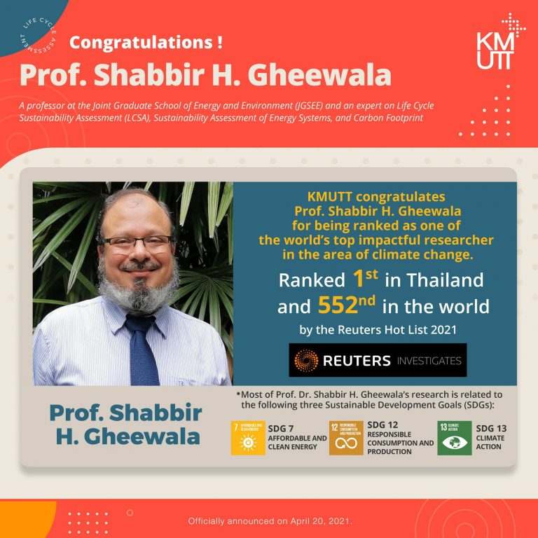 KMUTT congratulates Prof. Shabbir H. Gheewala for being ranked as one of the world’s top impactful researcher in the area of climate change.