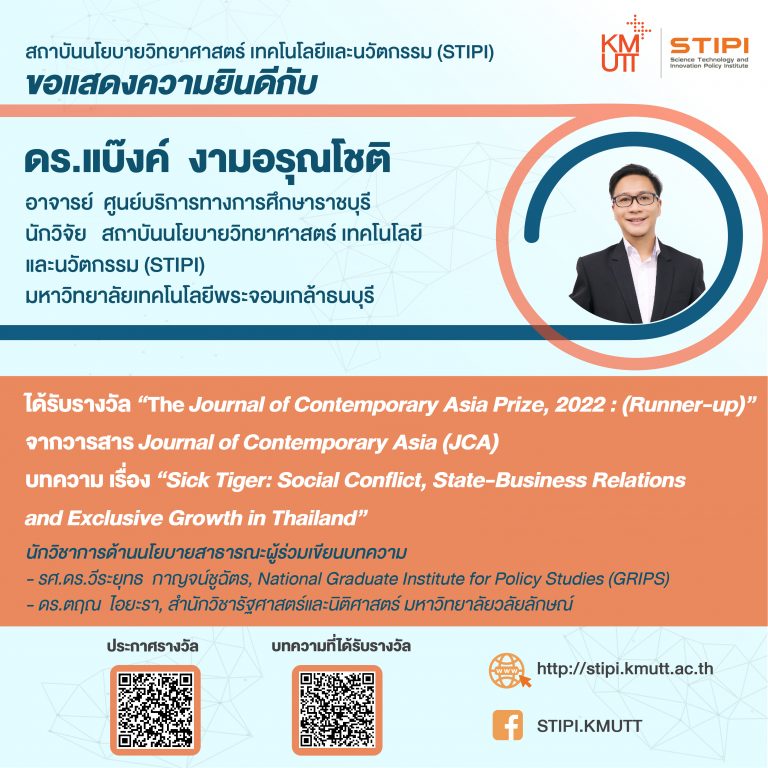 นักวิจัย STIPI ได้รับรางวัล “The Journal of Contemporary Asia Prize, 2022 : (Runner-up)” จากวารสาร Journal of Contemporary Asia (JCA)