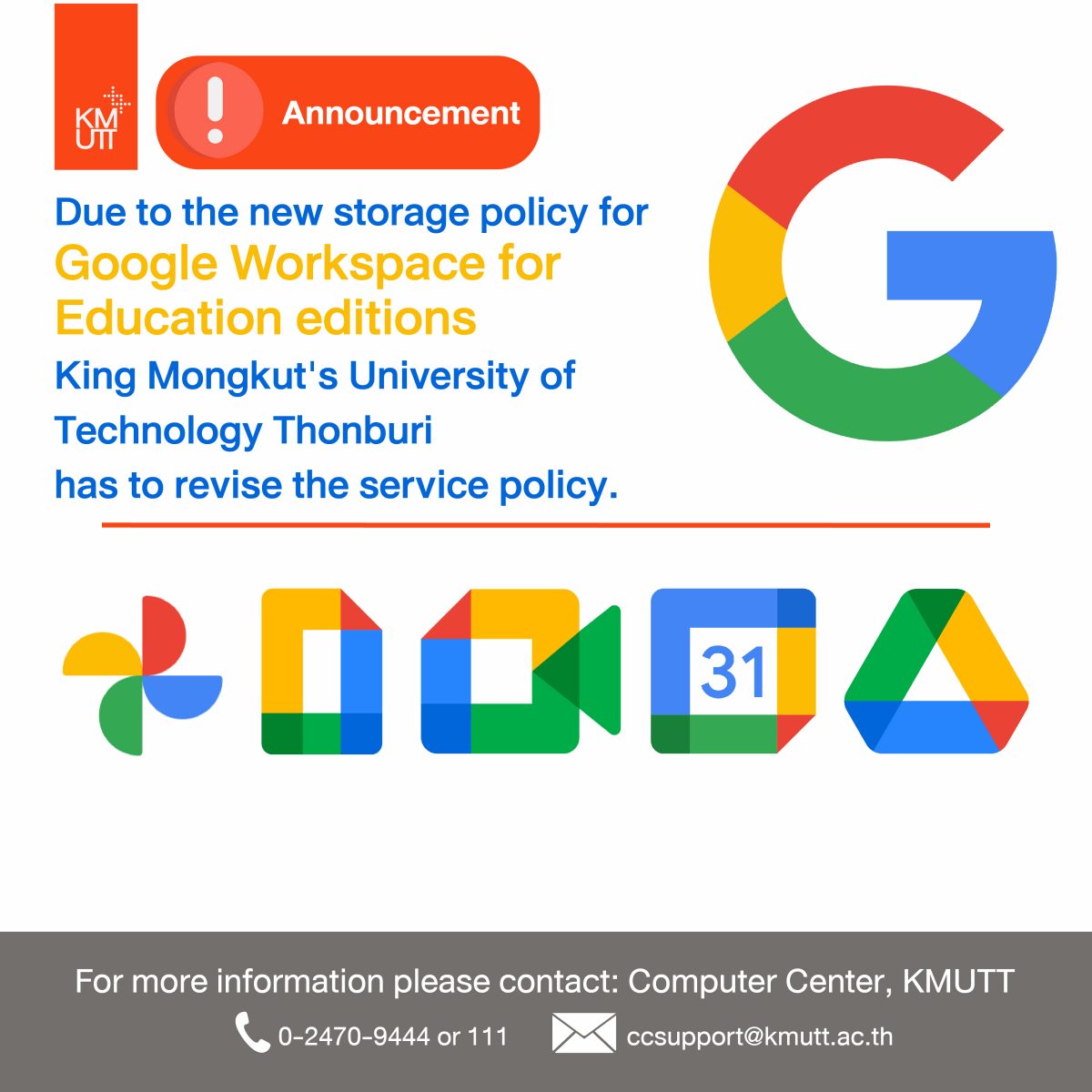 Adjustment of Google Account (@mail.kmutt.ac.th) Service Render Schedule for KMUTT Alumni