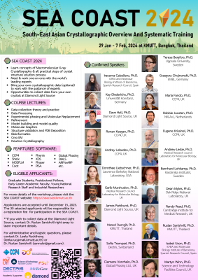 SEA COAST Crystallographic Workshop 2024 @KMUTT, Bangkok, Thailand (Jan 29–Feb 7, 2024); Application is now open!