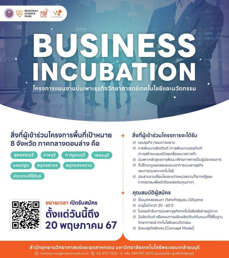รับสมัครผู้ประกอบการเข้าร่วม โครงการแผนงานบ่มเพาะธุรกิจวิทยาศาสตร์ เทคโนโลยี และนวัตกรรม (Business Incubation) ประจำปี 2567
