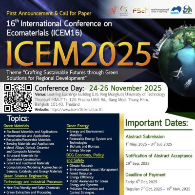 Join us for the 16th International Conference on Ecomaterials (ICEM16) in Bangkok, Thailand!