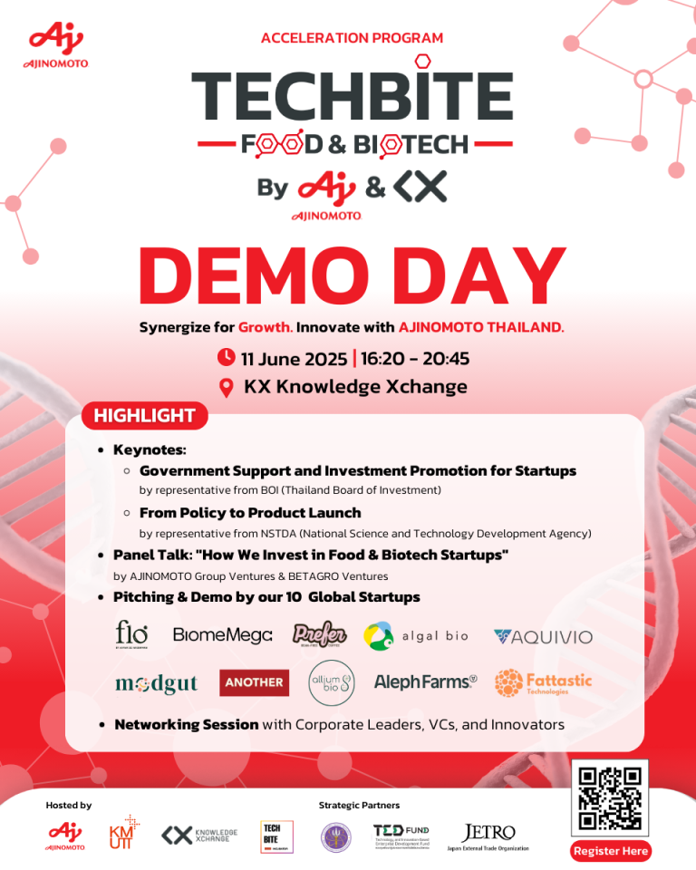 ขอเชิญร่วมงาน Techbite: Food & Biotech Demo Day เวทีที่นวัตกรรมระดับโลกจะได้พบกับผู้นำวงการอุตสาหกรรม นำเสนอโดย AJINOMOTO Thailand และ KX Knowledge Xchange