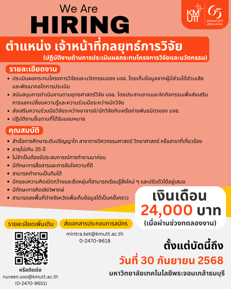 รับสมัคร ลูกจ้างมหาวิทยาลัย ตำแหน่ง เจ้าหน้าที่กลยุทธ์การวิจัย (ปฏิบัติงานด้านการประเมินผลกระทบโครงการวิจัยและนวัตกรรม)