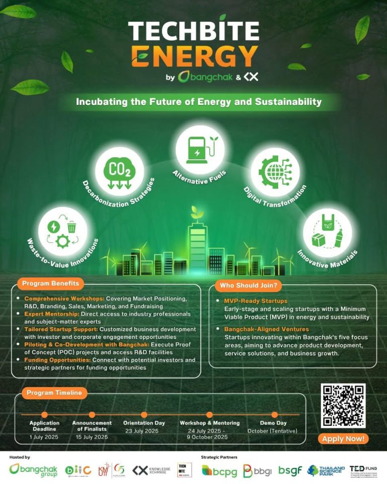 ขอเชิญชวนเหล่าสตาร์ทอัพสายพลังงานและนวัตกรรมร่วมสร้างอนาคต! Techbite Energy โดย บางจาก และ KX เปิดรับสมัครแล้ววันนี้!