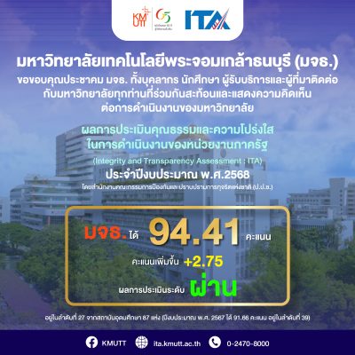 ผลการประเมิน ITA ประจำปีงบประมาณ 2568 มจธ. ได้ 94.41 คะแนน ระดับ “ผ่าน”