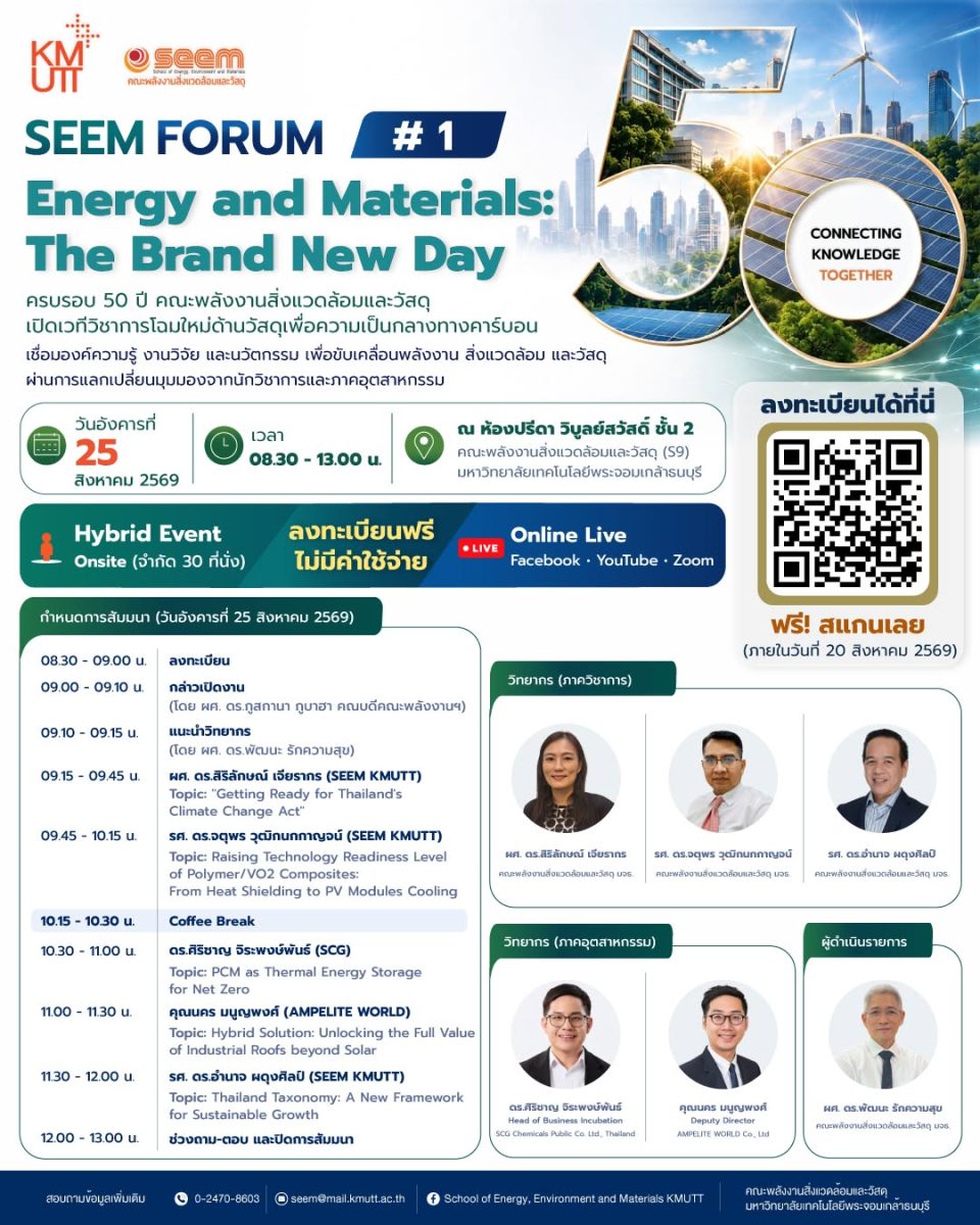คณะพลังงานสิ่งแวดล้อมและวัสดุ ขอเชิญร่วมงานสัมมนาวิชาการระดับชาติ SEEM FORUM #1 “Energy and Materials: The Brand New Day”