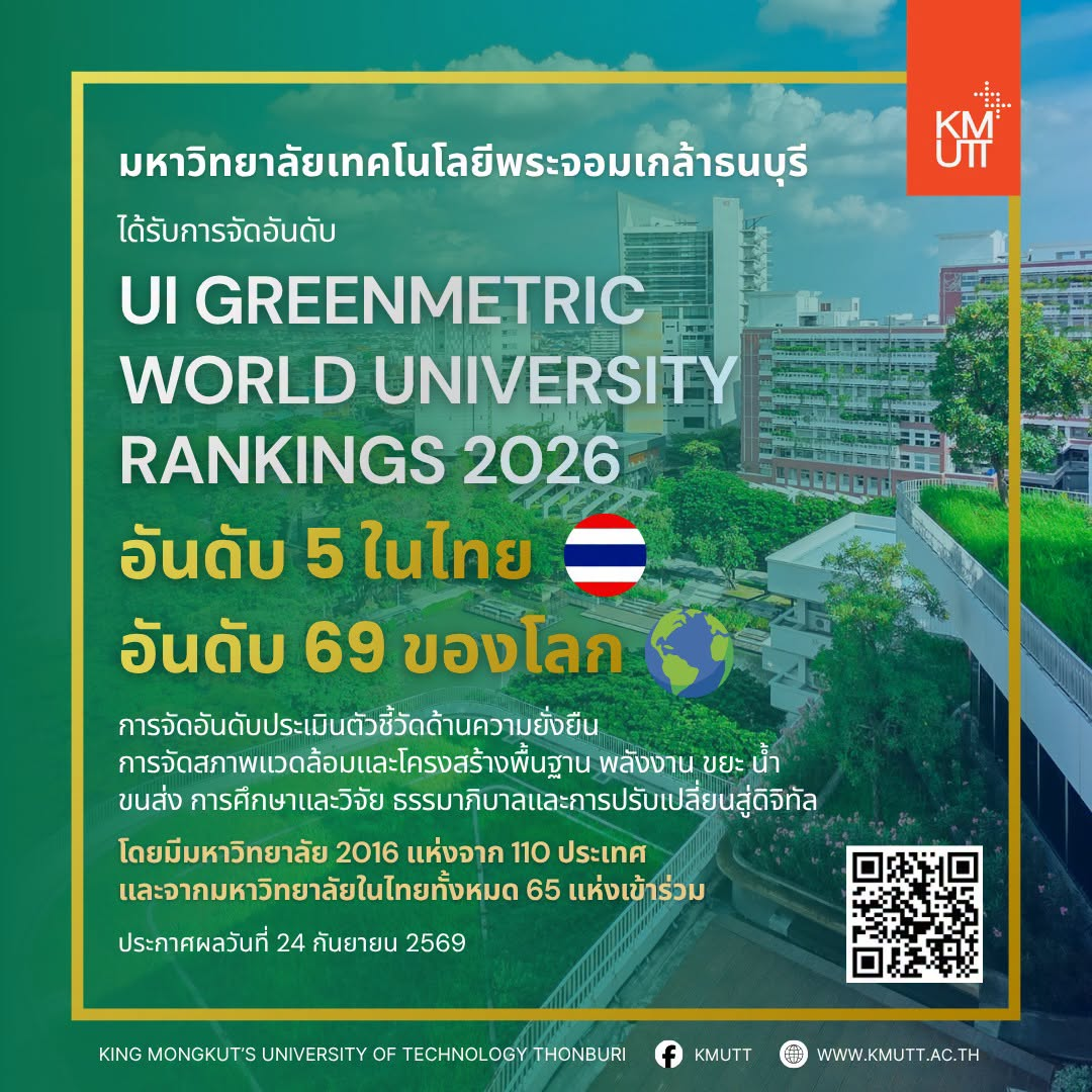 มจธ. ติด Top 70 มหาวิทยาลัยโลกด้านความยั่งยืน จาก UI GreenMetric 2026