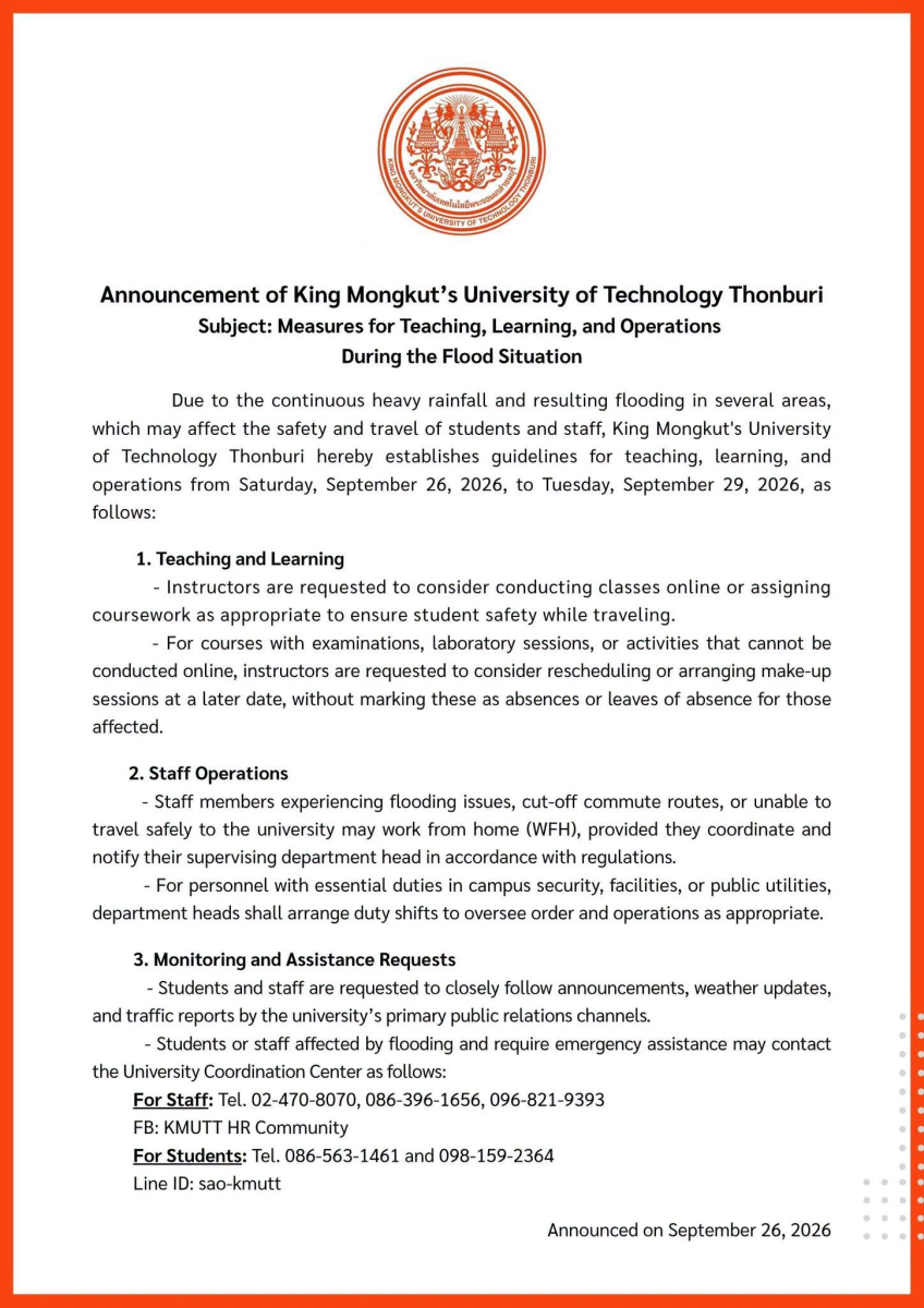 Announcement of KMUTT: Measures for Teaching, Learning, and Operations During the Flood Situation